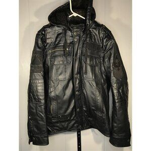 Afflication Black Premium Limited Edition Hood Faux Leather Jacket Men M Skulls